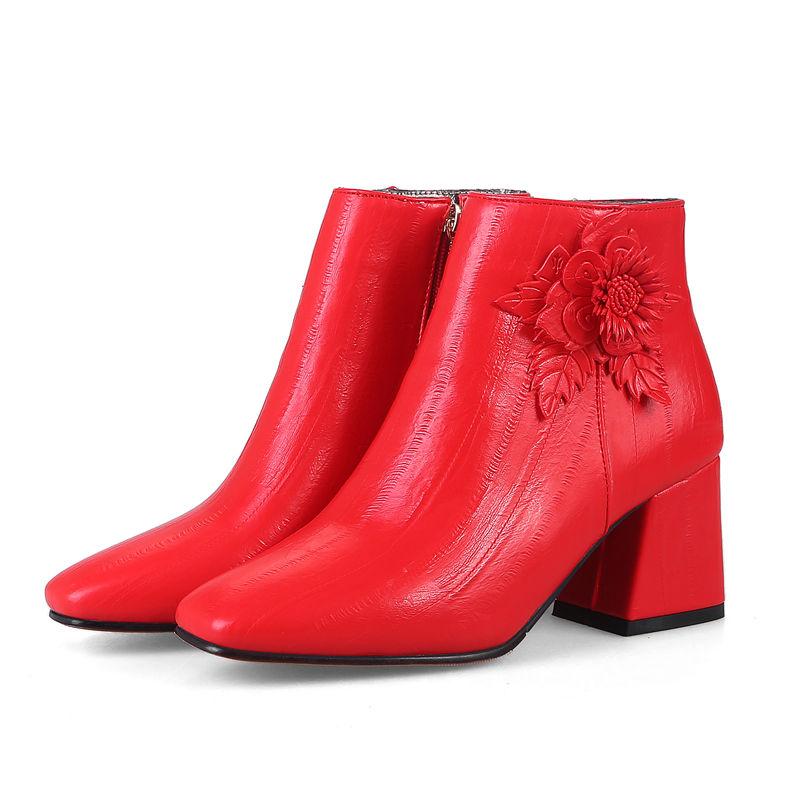 Autumn Winter Women's Ankle Boots Square Toe Winter Shoes Sweet Flower Black Red Handmade Short Boot Ladies Shoes Large Size 45