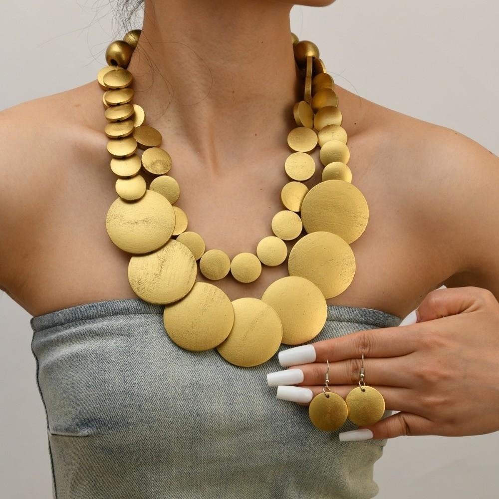 Necklace Wooden Beaded Necklace Double-layer Jewelry Set Exaggerated Round Necklace Beach