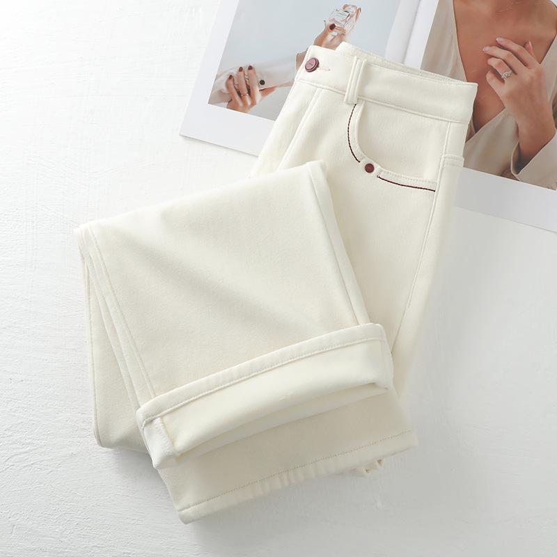 Women's Beige Fleece-Lined Jeans: Fall/Winter 2024 High-Waisted Slimming Pants, Narrow, Wide, Loose & Straight-Leg Styles