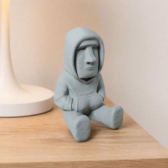 baizihuahu 3D Printed Moai Statue Ornament, Mini Compact Easter Island Stone Figurine Desktop Decor, Modern Hoodie Figurine, Sitting Sculpture