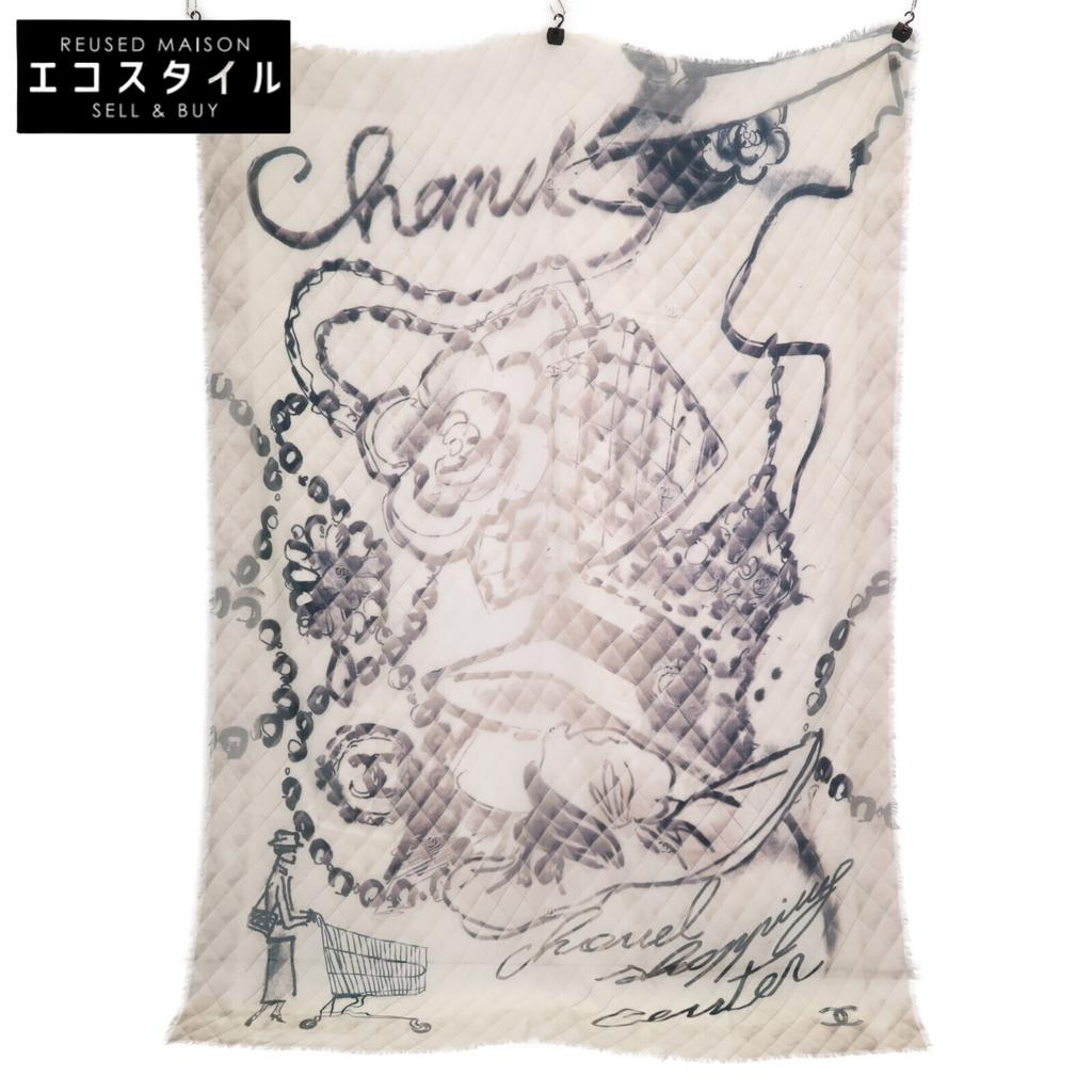 Chanel Camellia/CC Logos Quilted Print Cashmere Stole BeigeUsed