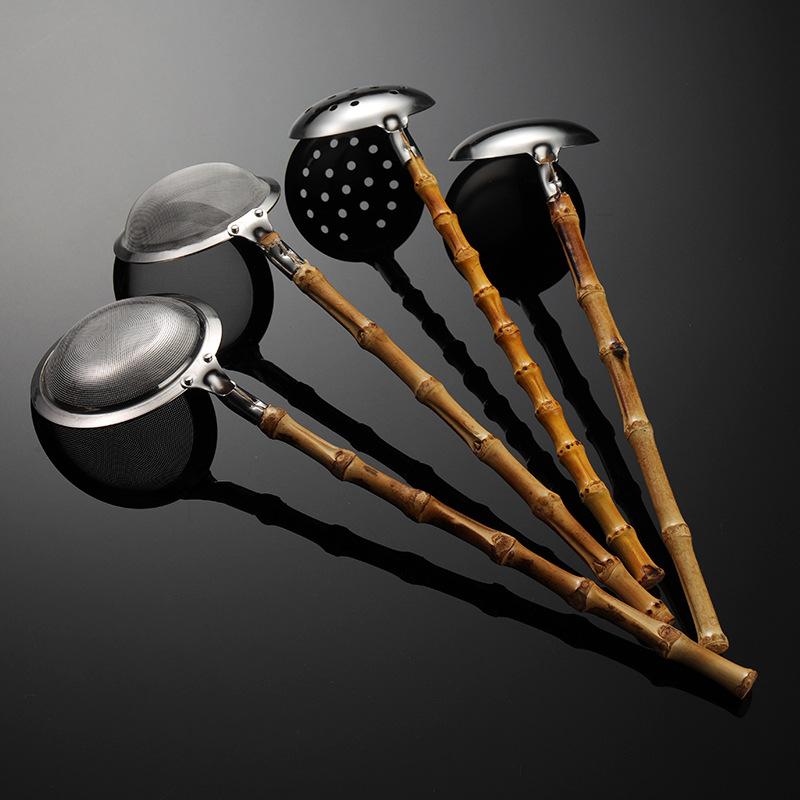 304 Stainless Steel Bamboo and Wood Handle Japanese Soup Shell Colander Mini Shovel Multi-style Mesh Colander Natural Bamboo Joint