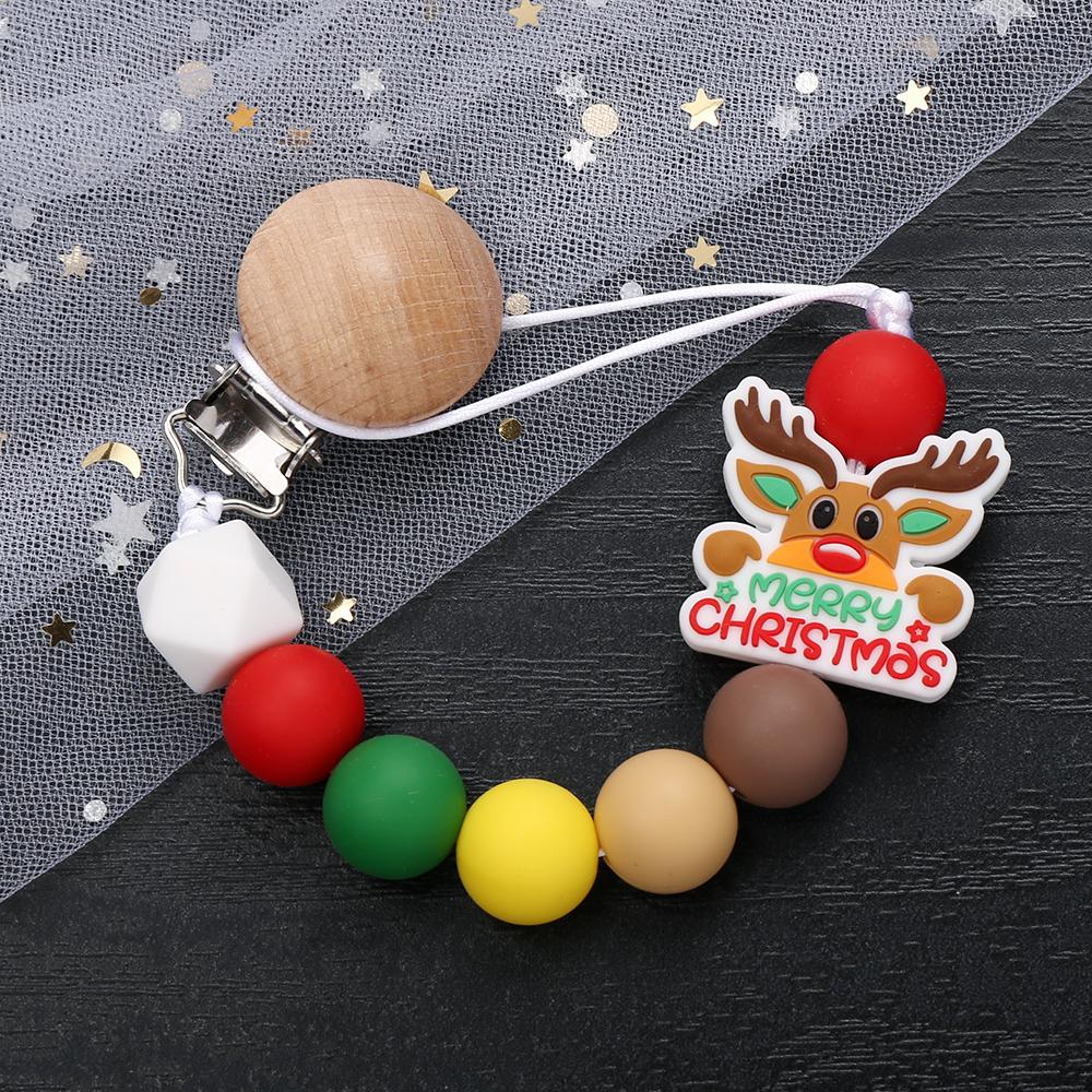 

Silicone christmas Beads Pacifier Clips Wood Chew Dummy Chain Holder Infant Soother Chains Nipple Holder Baby Teething Toy Gifts