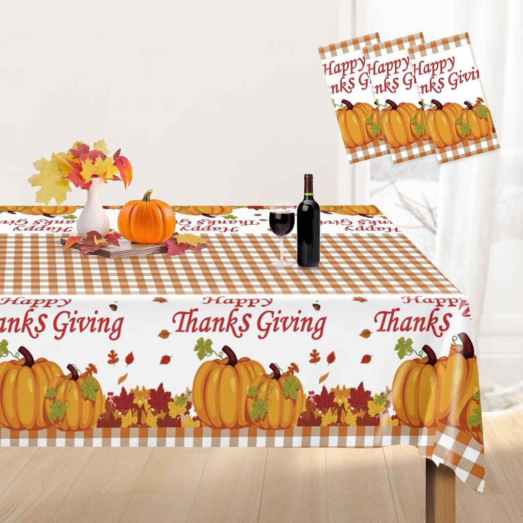 Thanksgiving Tablecloth Plastic Disposable - Fall Rectangular Paper Tables Cloth Cover for Rectangle Oblong Long Table Pumpkin Maple Leaf Decor