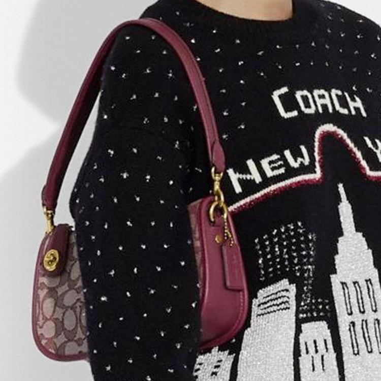 

New COACH Swinger Jacquard Fabric With Leather Shoulder Bag Crossbody Bag Medium Size Women s Burgundy Red Brown Monogram C0721-B4RH5 23.6*7.1*14.0CM