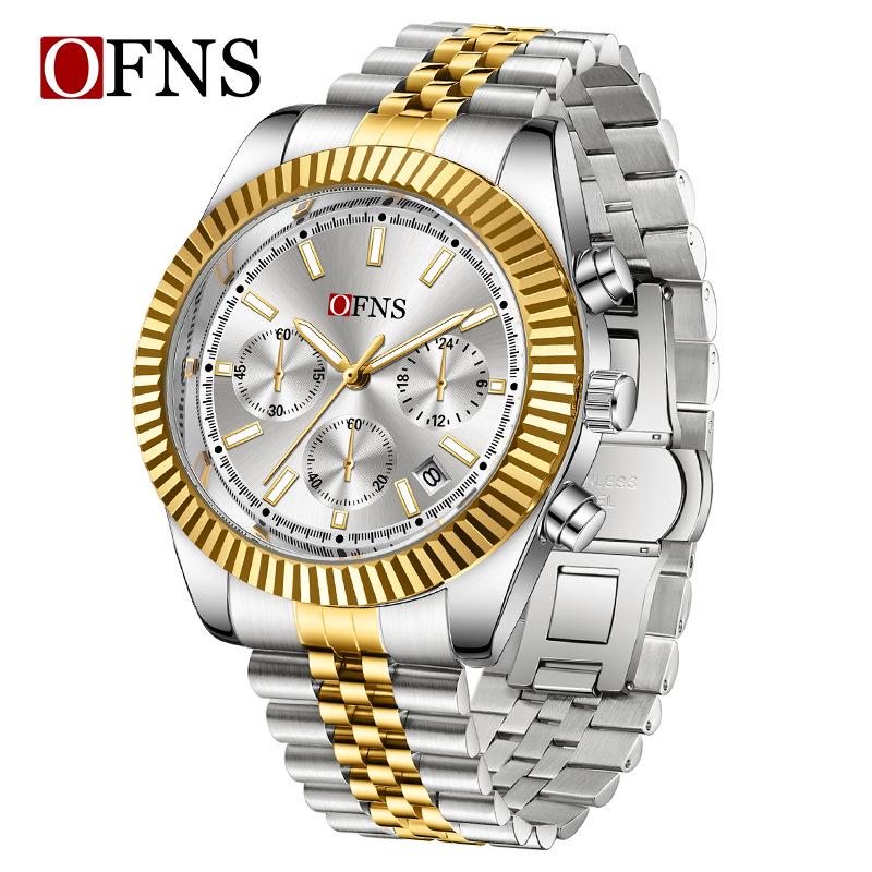 Oufannishi Men's Multifunction Chronograph Quartz Watch with Calendar and Stainless Steel Band, Waterproof Design