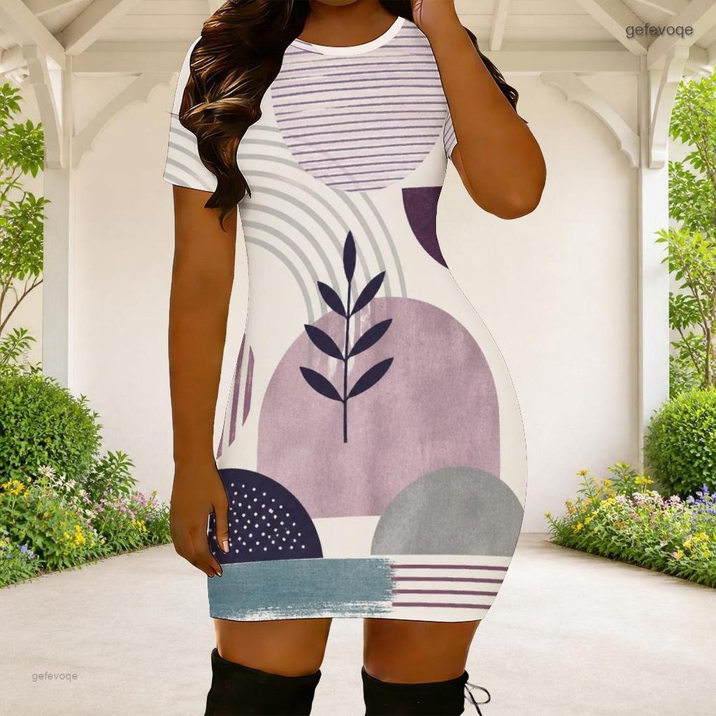 Women Plus Size Round Neck Short Sleeve White Orange Black Geometric Printed Fitted Mini Dress