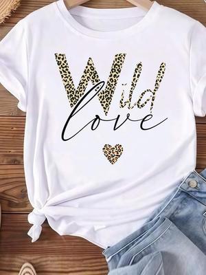 (Asiatische Größe) Damen T-Shirt Oberteil Kleidung Lässig Leopard Buchstaben Trend Kurzarm T-Shirt Mode Bedruckt Dame Weiblich Grafik T-Shirts