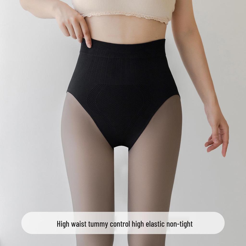 Black Silk Nude-Look Fleece-Lined Sheer Pantyhose Plus Size Leggings with Tummy Control & Hip Lift