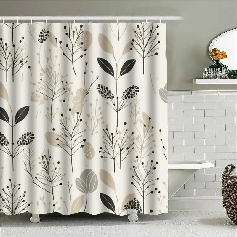 Modern Bathroom Shower Curtain Set Elegant Plant Pattern Decorative Shower Curtains for Home Bathrooms – White Black Beige Col