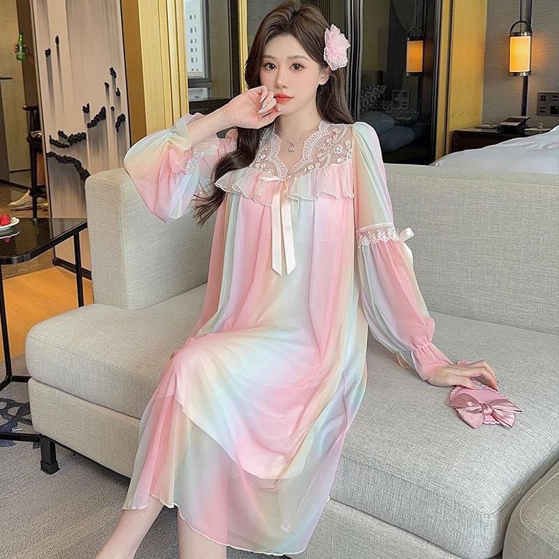 Ling Lei Chunqiu Solid Color V-Neck Lace Bow Mesh Court Princess Style Medium Long Pajamas Pajamas Homewear
