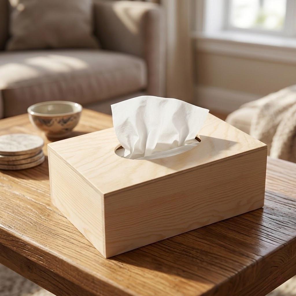 Natural Pine Wood Tissue Box with Oval Opening
