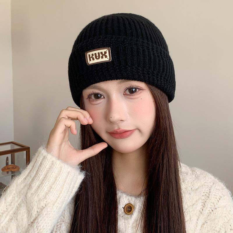 New Style Pile Hat Letter Patch Pullover Hat for Women Autumn and Winter Korean Style Versatile Small Woolen Knitted Hat Showing Face