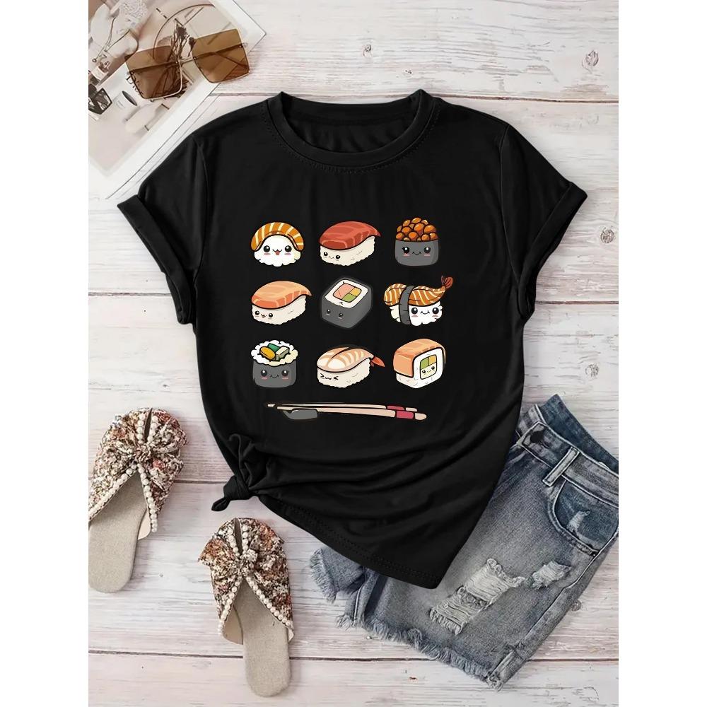 Creative Cartoon Sushi Print Summer Women's T-shirt Round Neck Short Sleeved Top T-shirt Women's Clothing