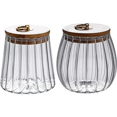 

NexPon Set of 2 Glass Jars, Canisters, Airtight Storage Jars, Flower Petal Decorative Containers with Bamboo Lids and Metal Handles for Easy Grip, Per