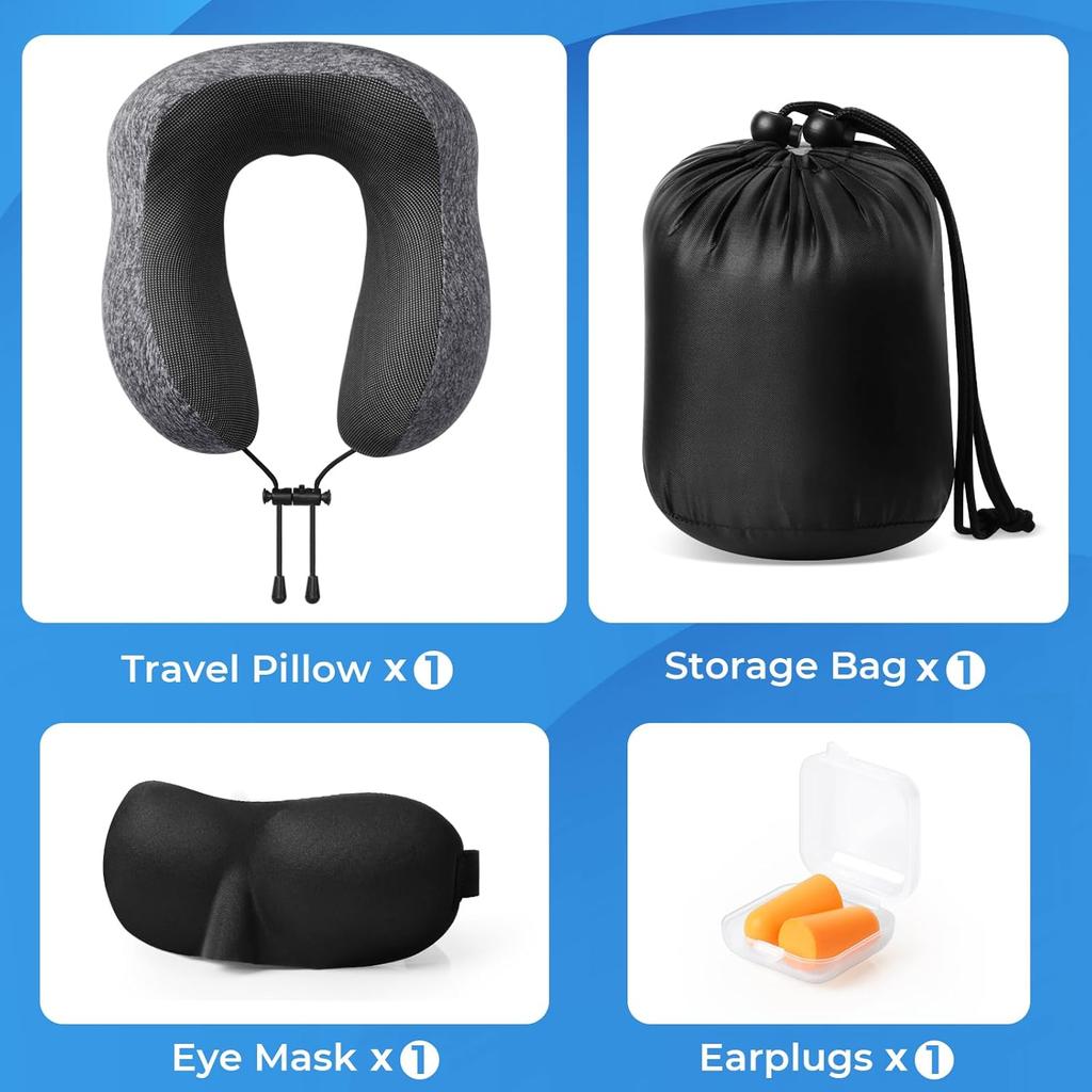 Travel Pillow, Travel Pillows for Sleeping Airplane, Removable Cover Neck Pillow with Adjustable Clasp, Memory Foam Neck Pillow Set with Eye Mask,