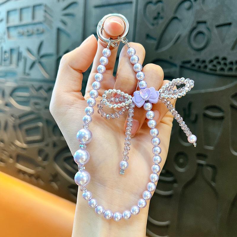 Flash Beaded Mobile Phone Chain Crystal Bow Key Bag Lanyard Pearl Mobile Phone Lanyard Small Gift