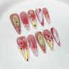 10Pcs Retro Long Stiletto Fake Nails Full Cover French Tip Gradient Flower Handmade Press On Manicure