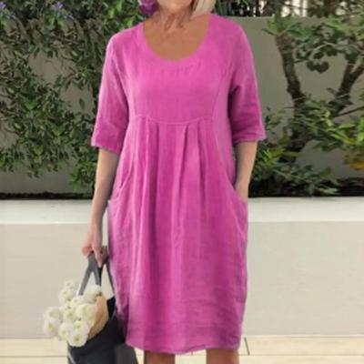 Women's Summer Pleated Pocket Casual Loose Round Neck Short Sleeve Dresses