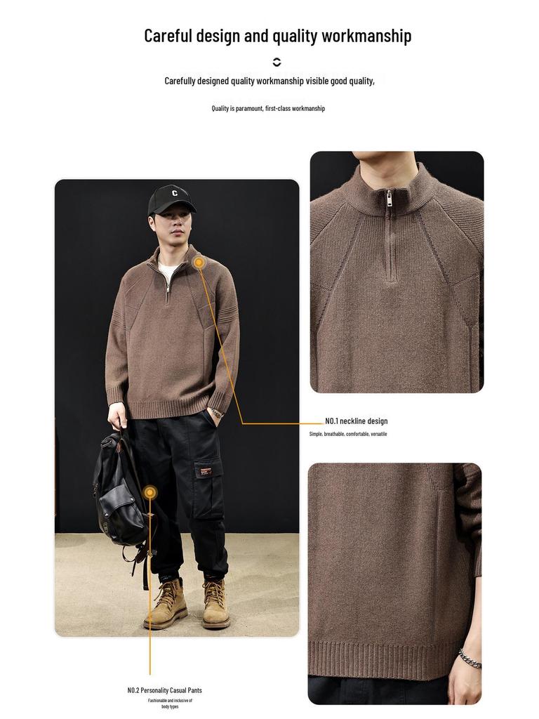 2025 Men's High Neck Zipper Sweater - American Style Autumn/Winter Knit Pullover, High-End Outerwear, Plus Size Available