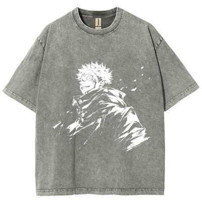 Witte Handgetekende Karakter Portret Print Japans Anime-Stijl T-shirt Met Los Oversized Korte Mouw Gewassen Design Top