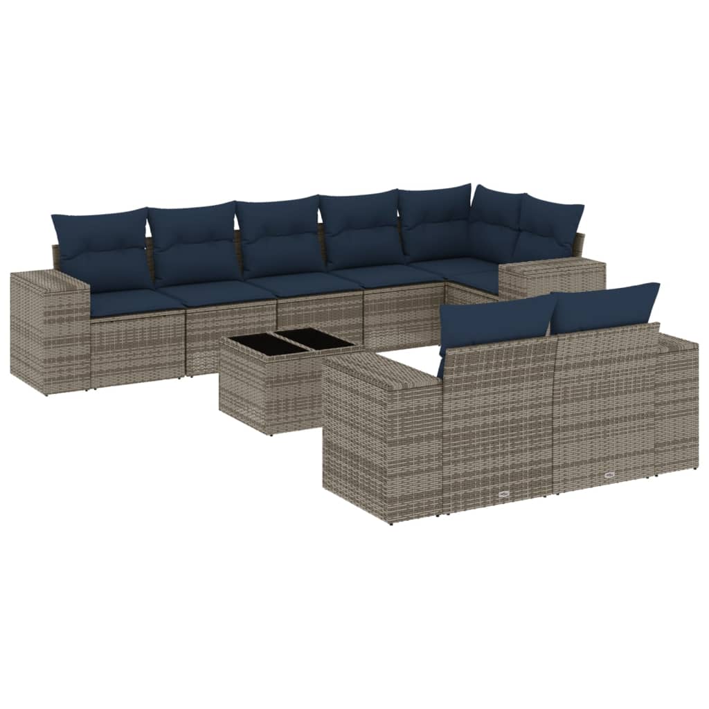 9 Piece Garden Sofa Set with Cushions Gray Poly Rattan