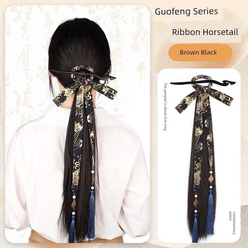 

Новый китайский парик женский юбка-лошадиное лицо заколка для волос пучок национальный стиль ципао аксессуары для волос искусственные волосы хвост захват парик коса Black ribbon horsetail [Brown black]]