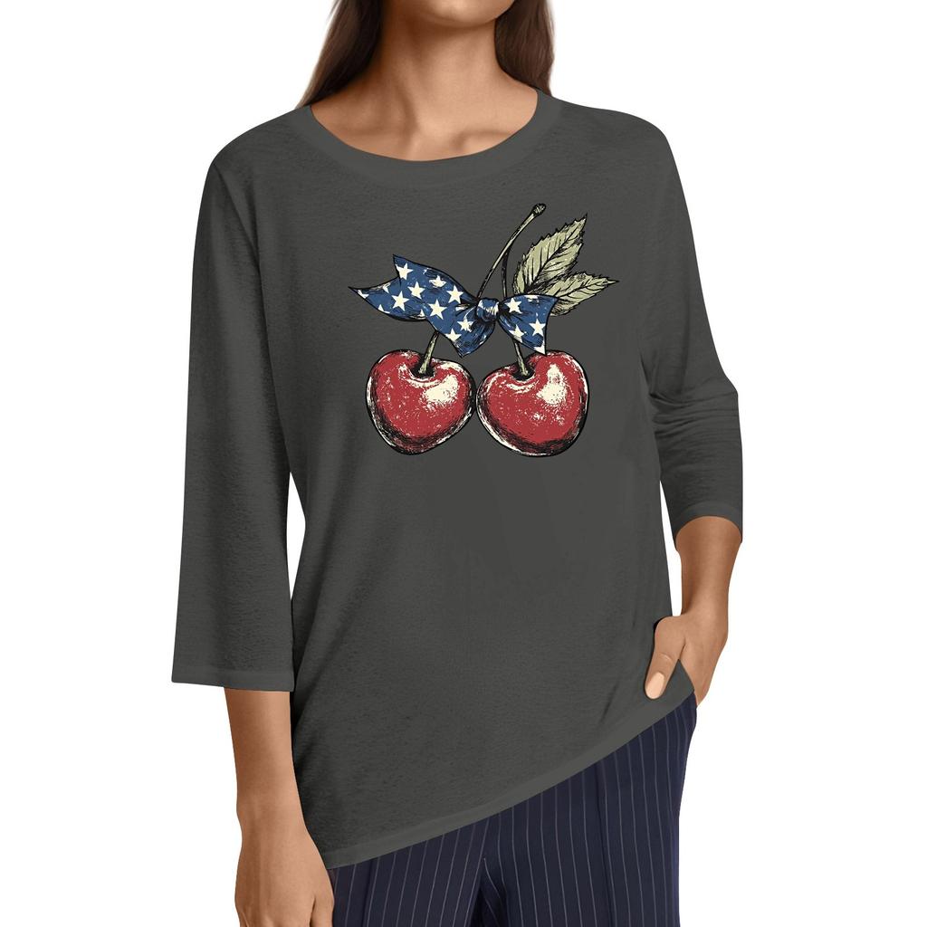 Women's Fashion Casual Round Neck 3/4 Sleeve Loose Independence Day Printed T-Shirt Ladies Top
