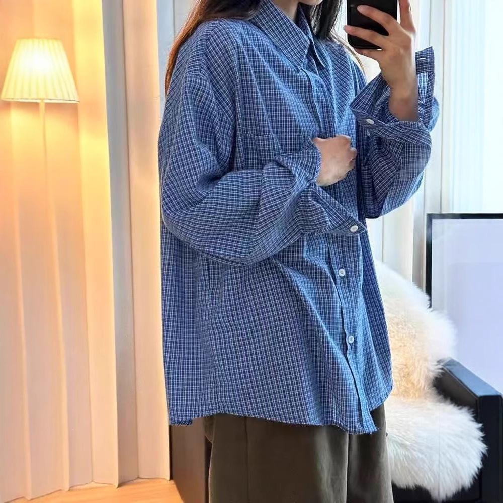 

Spring 2025 Women s Korean Style Blue Plaid Loose Casual Long Sleeve Shirt S синій