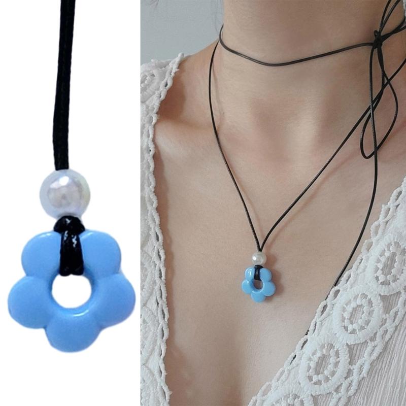 Sweet Cool Pearl Flower Pendant Necklace Fashion Summer Choker Wax Rope Lace up Collar Necklace Statement Jewelry