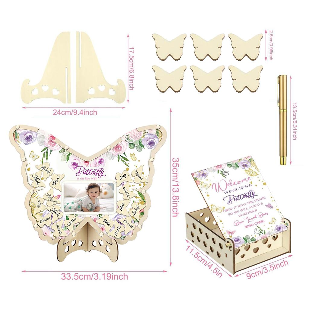 Butterfly Acrylic Guest Book Frame 33x35cm with Pen & 60 Wood Chips for Baby Shower Party Decor Gift