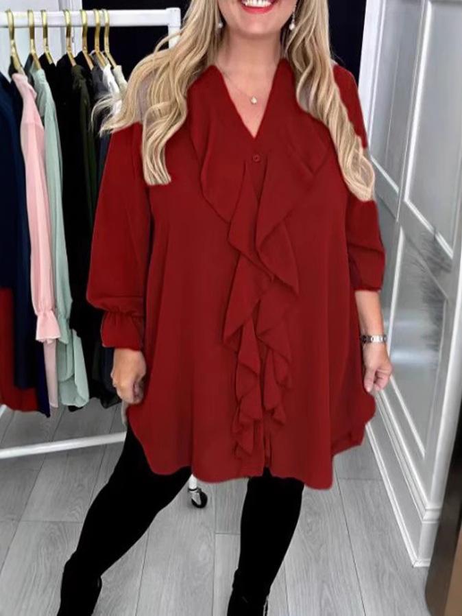2025 Spring/Summer Women's Solid Color Loose Ruffle V-Neck Long Sleeve Shirt