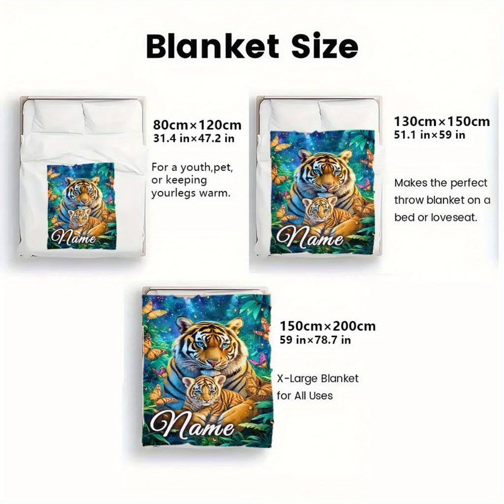 Custom Tiger & Cub Blanket Personalized Name Photo Fleece Throw All Season Soft Warm Bedding for Kids Adults Home Decor Gift