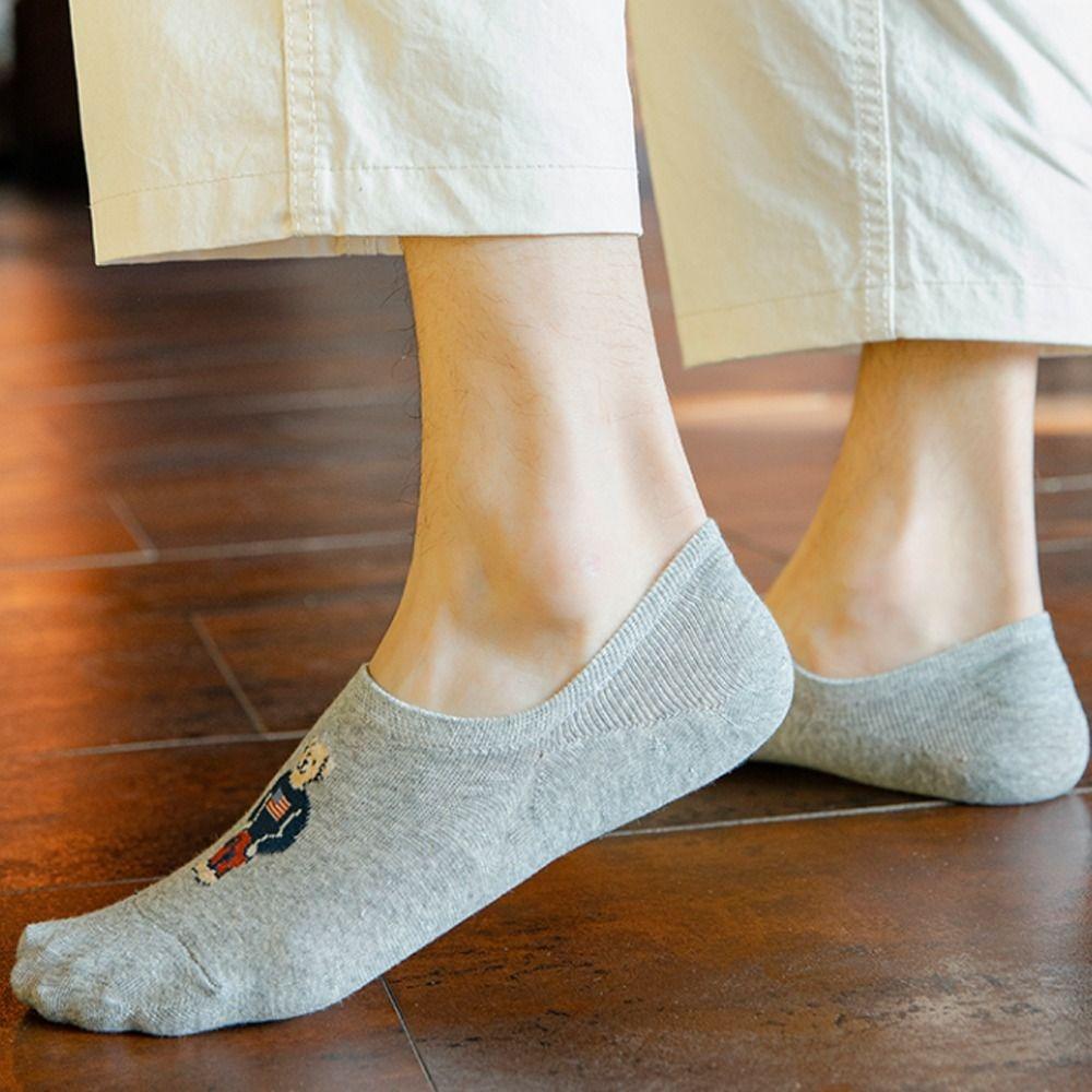Socks Bear Invisible Cotton Casual Hosiery Men's Boat Socks Korean Style Socks Middle Tube Hosiery