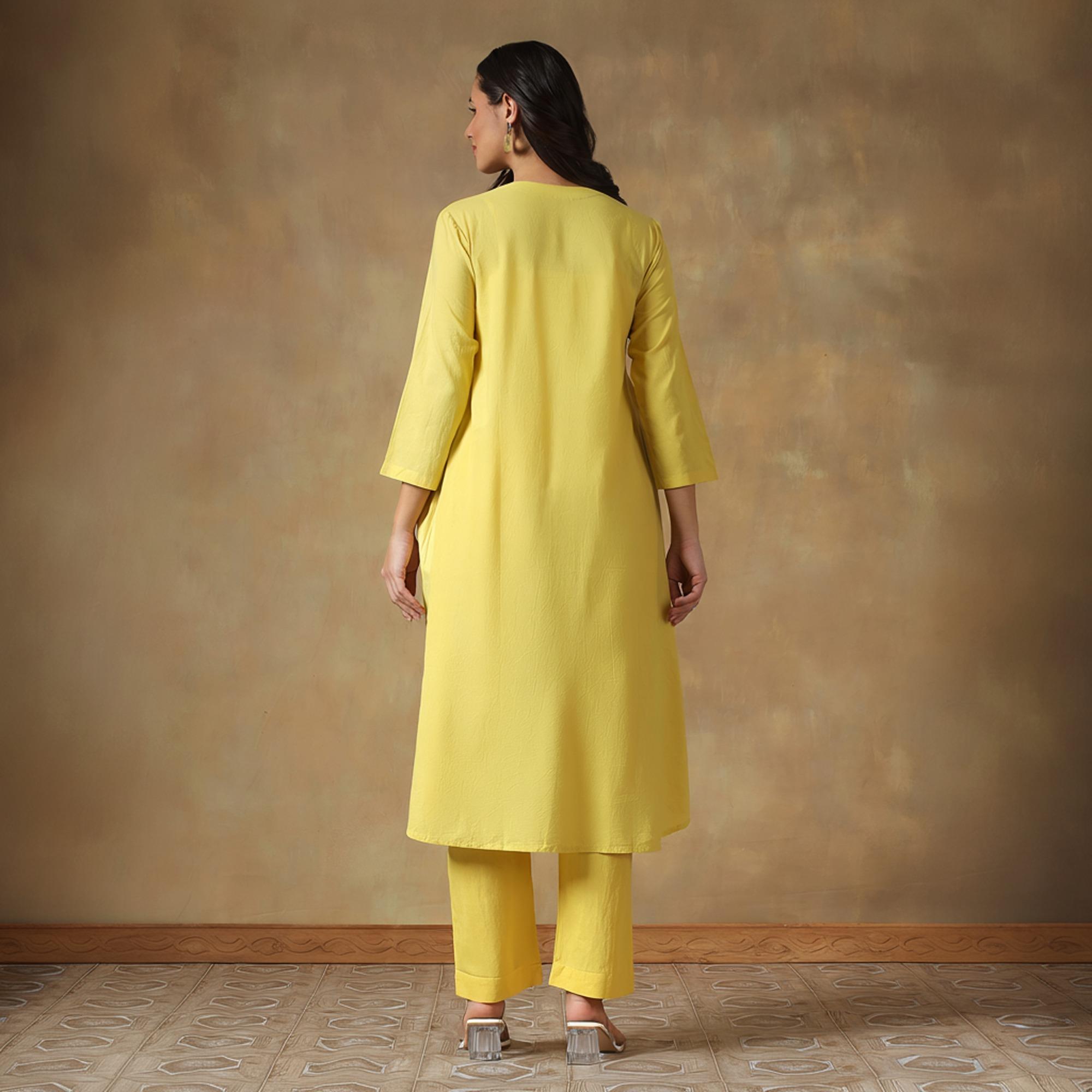 Yellow Cotton Chikankari Lucknowi Kurta-Pant Set S жёлтый