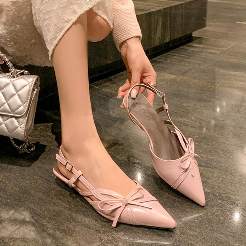 Fashion Bow-knot Temperament Style Baotou Sandals Women's Summer Wear J Pointed Toe Shallow Mouth Versatile One-belt High Heels