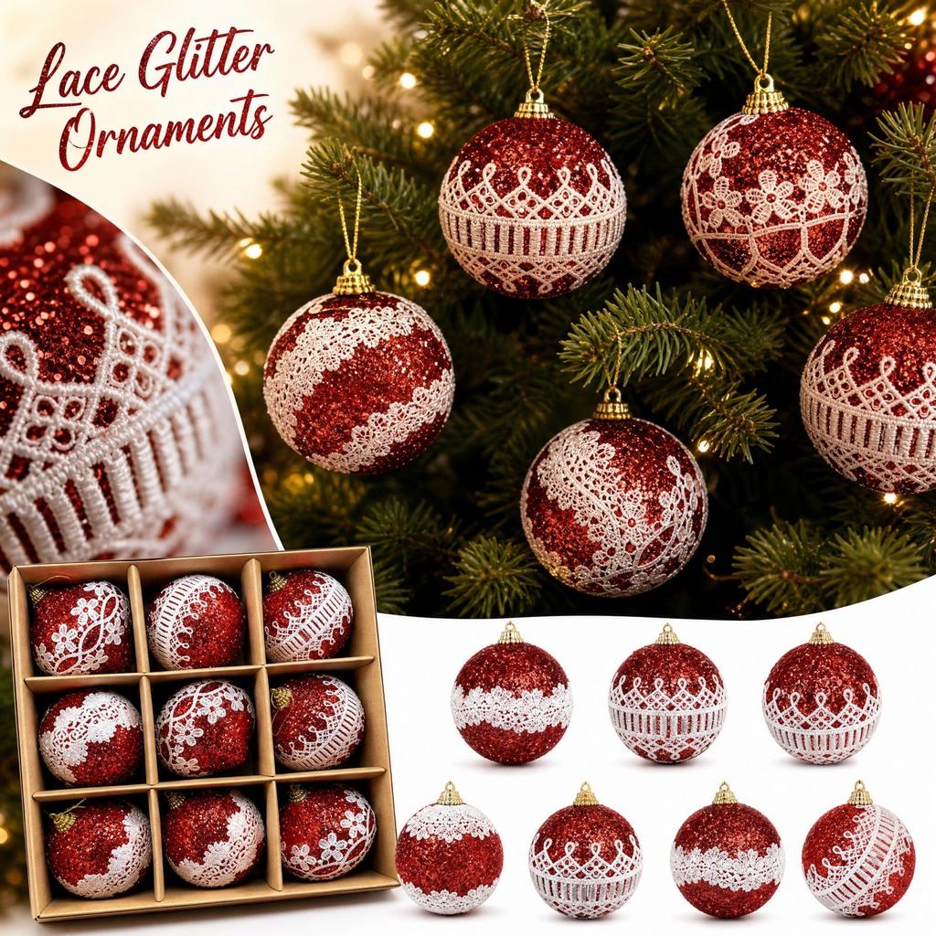 Weihnachtskugel-Schmuck-Set Baumdekorationen mit Spitze Glitzer Pailletten unregelmäßig geformte Kugeln für Weihnachtsbaum Feiertagsparty Dekoration