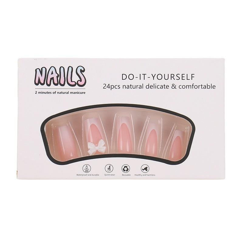 European & American Rhinestone Bowknot French Manicure Medium-Long False Nails