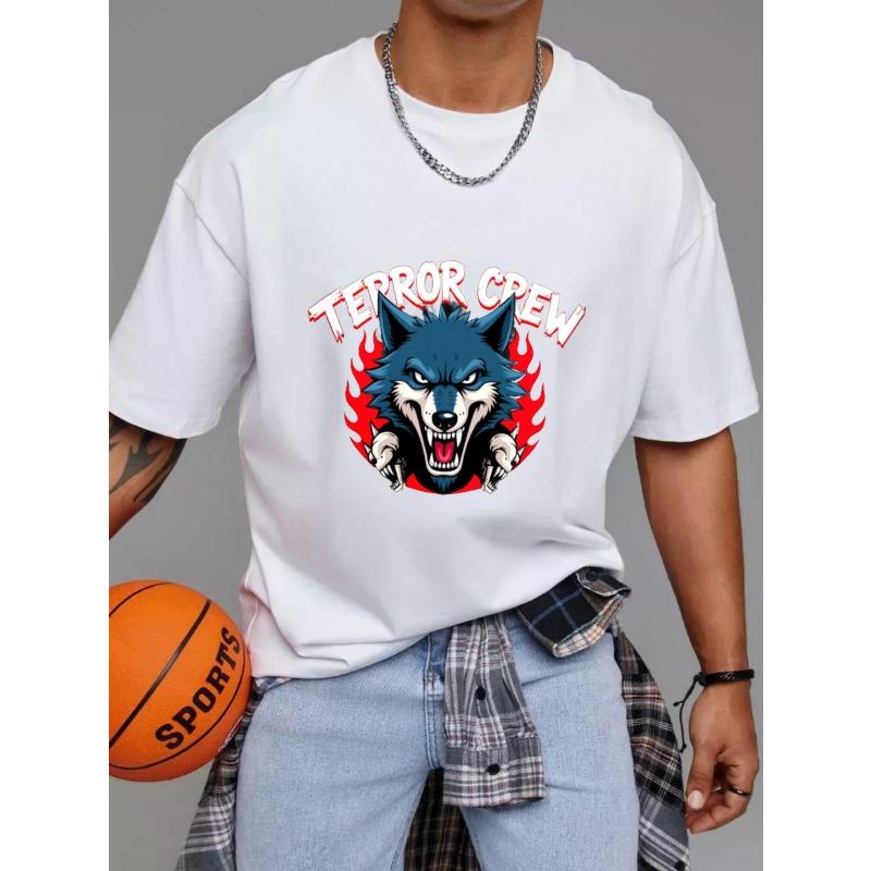 Bílé tričko s grafikou vlka a Terror Crew pro volný čas