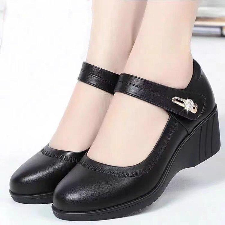 Wedge heel medium single shoes spring new soft leather soft sole one word with middle heel round head non-slip leather shoes