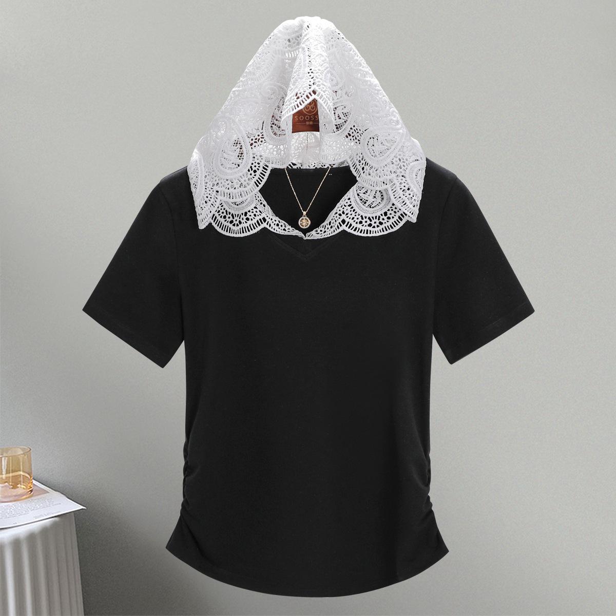 

Белая футболка с капюшоном, кружевным коротким рукавом, женская, летняя, новая, облегающая, модная, на все случаи жизни XXXL чёрный