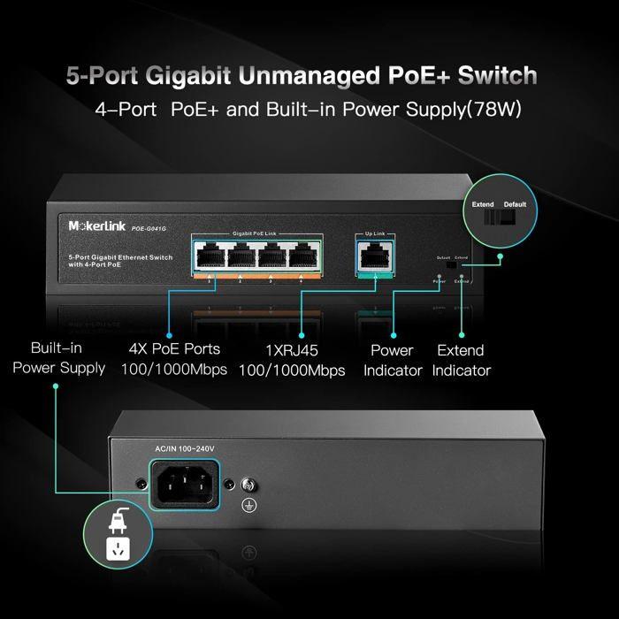 Switch - MOKERLINK - POE-G041G - 5 Ports Gigabit - 4 Ports POE - Plug and Play