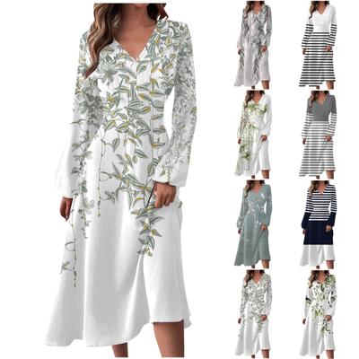 Damen Herbst und Winter, lässige Mode, V-Ausschnitt, lange Ärmel, Streifendruck, langes Kleid