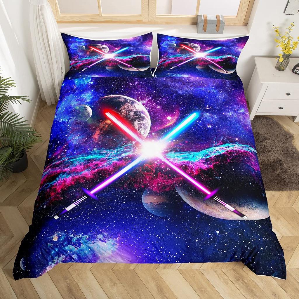 Lightsaber Duvet Cover Set Full,Galaxy Universe Planet Bedding Set 3pcs for Teens Room Decor,Trippy Star Sky Comforter Cover