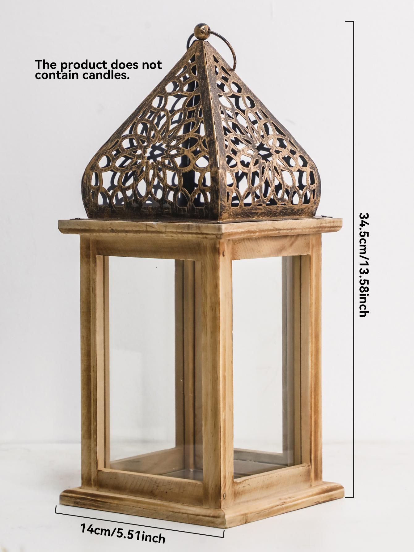 

Boho Wooden & Metal Candle Holder Islamic Floral Pattern Lamp Retro Candle Lamp Festive Home Decor Lantern for Ramadan&Eid Gifts