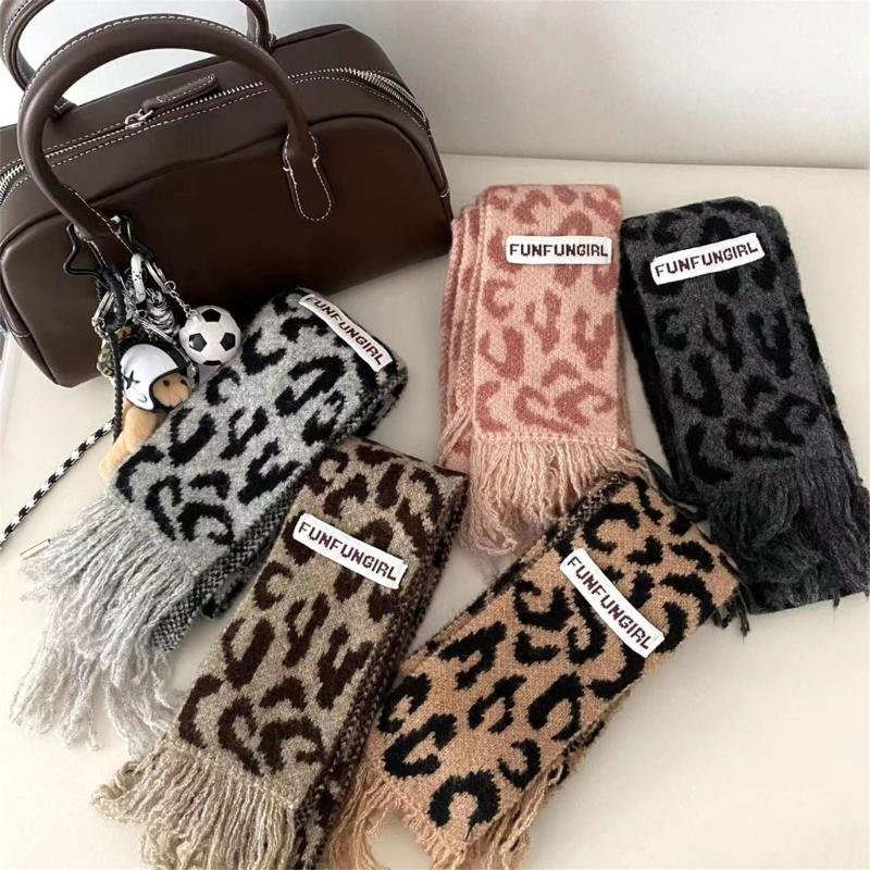 Vintage Leopards Print Tassels Scarf Soft Acrylic Neckerchief Warm Fashion Scarves for Women Warm Accessory