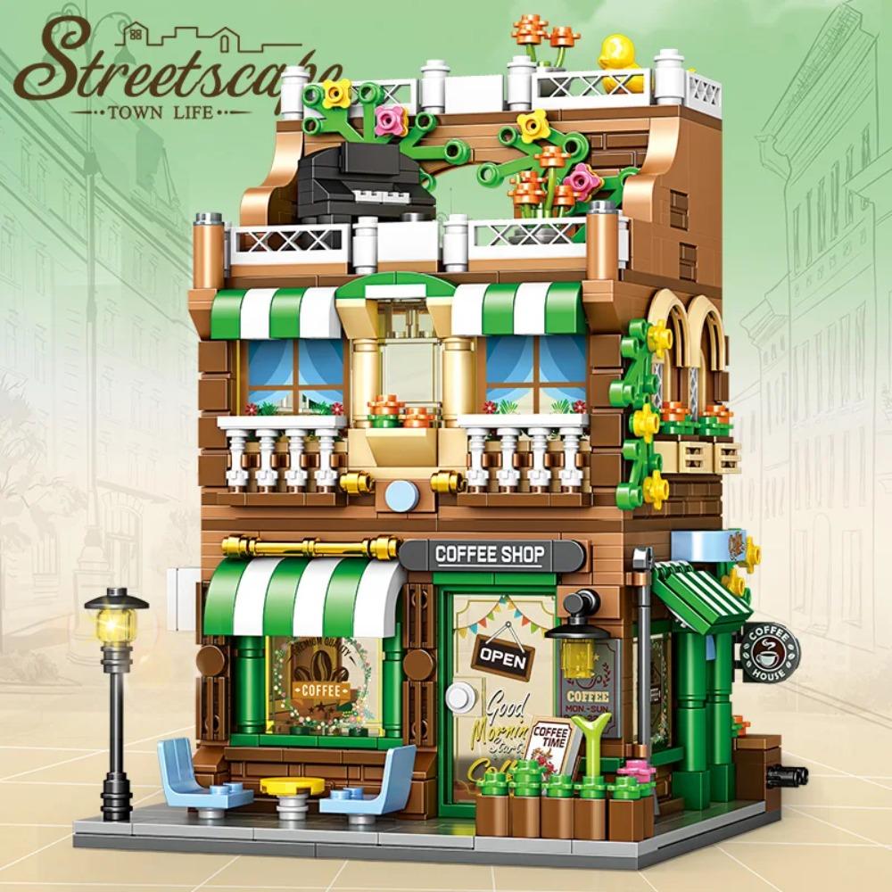 City Architecture Building Blocks Street View Cafe Model Desktop Decoration Children DIY Assembly Toy Holiday Gift