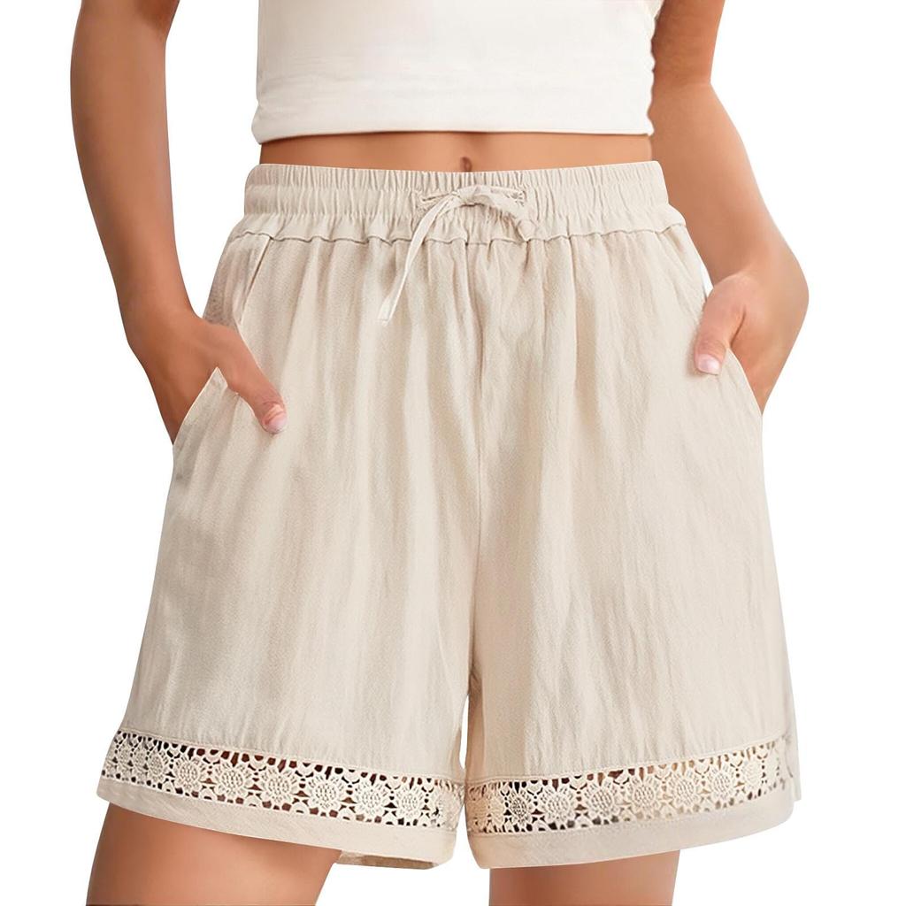 Women's Fashionable Casual -Colour Vintage-Inspired Lace-Up Cotton-Linen Blend Shorts With Drawstring Waist