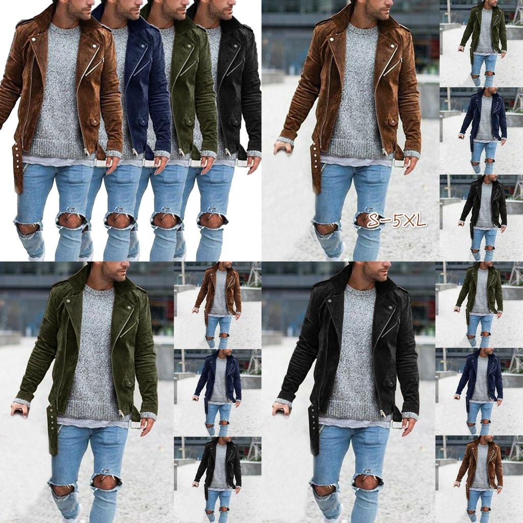 Men's Slim Faux Suede Leather Jacket With Lapel Collar And Zipper Closure For Autumn