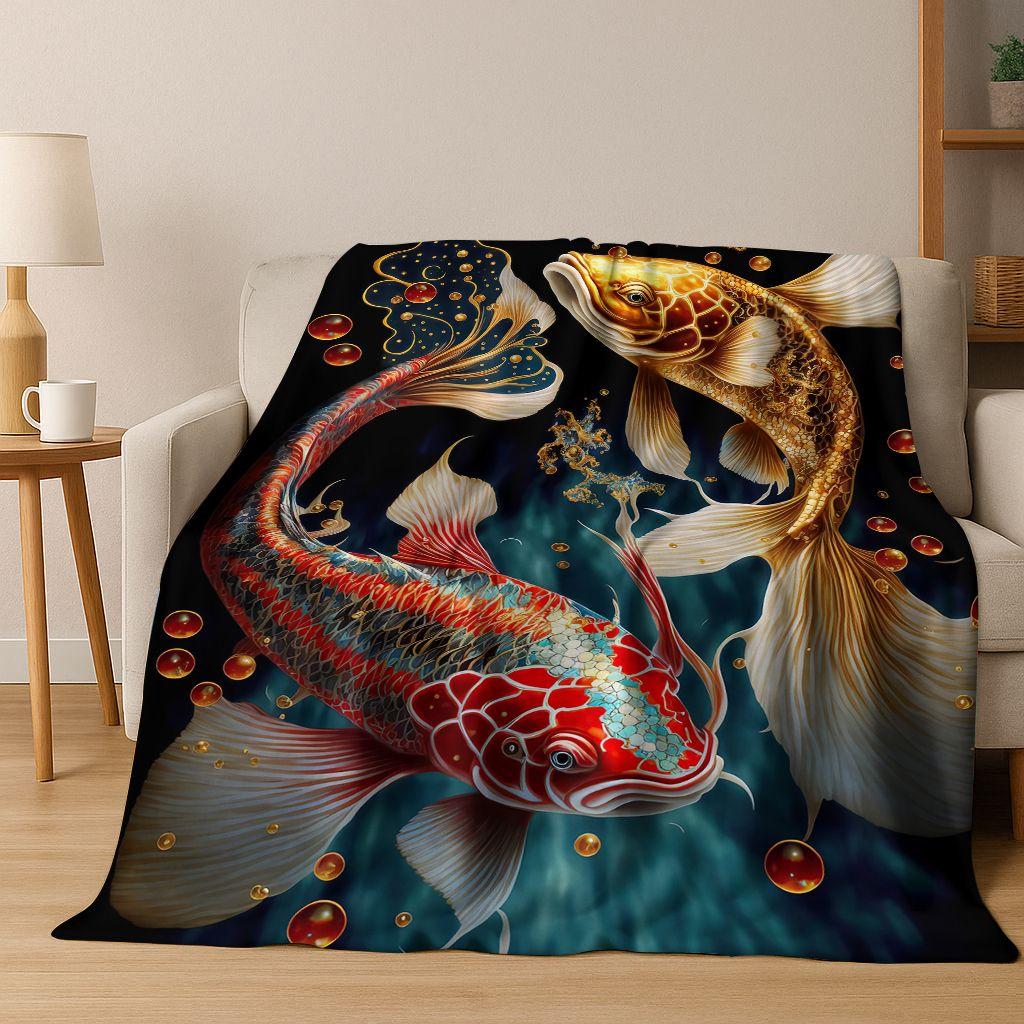 Luxuriöse Glückskarpfen Yin Yang Karpfen Cartoon Flanell Decke, Gemütliche Weiche Überwurfdecke für Zuhause Schlafzimmer Bett Sofa Abdeckung Geschenk Kind